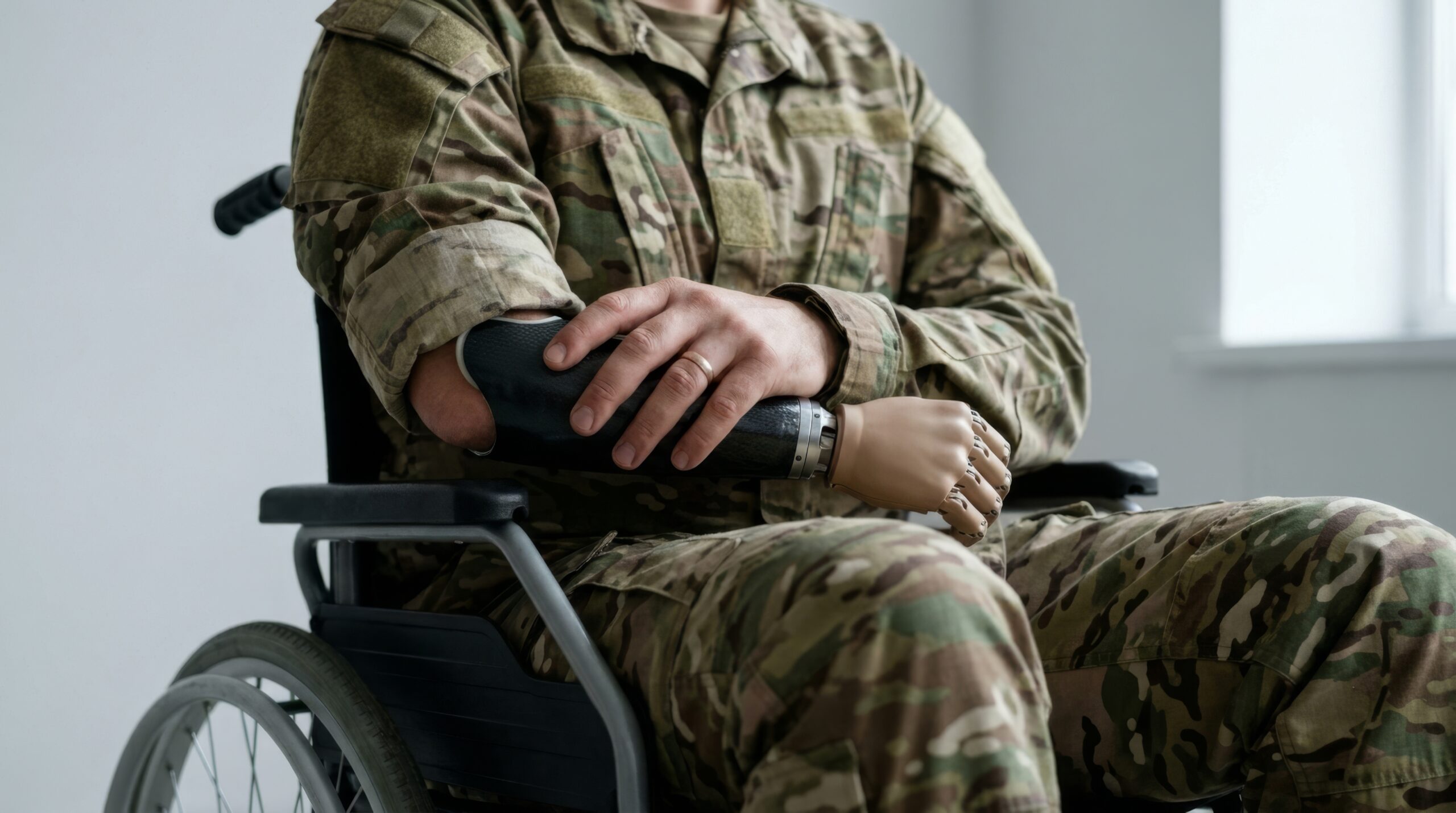 Soldier with prosthetic arm sitting in a wheelchair, showcasing resilience and rehabilitation after military service