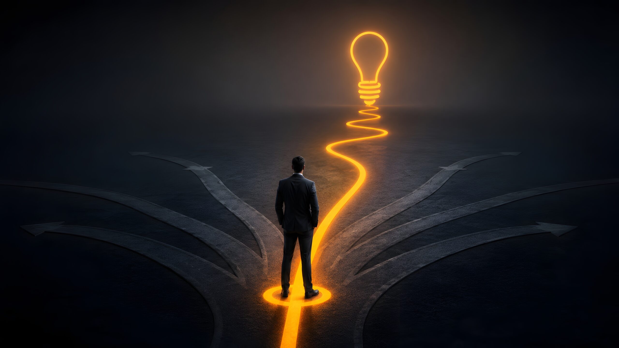 Businessman at a crossroads choosing the glowing path of innovation leading to a bright idea light bulb.