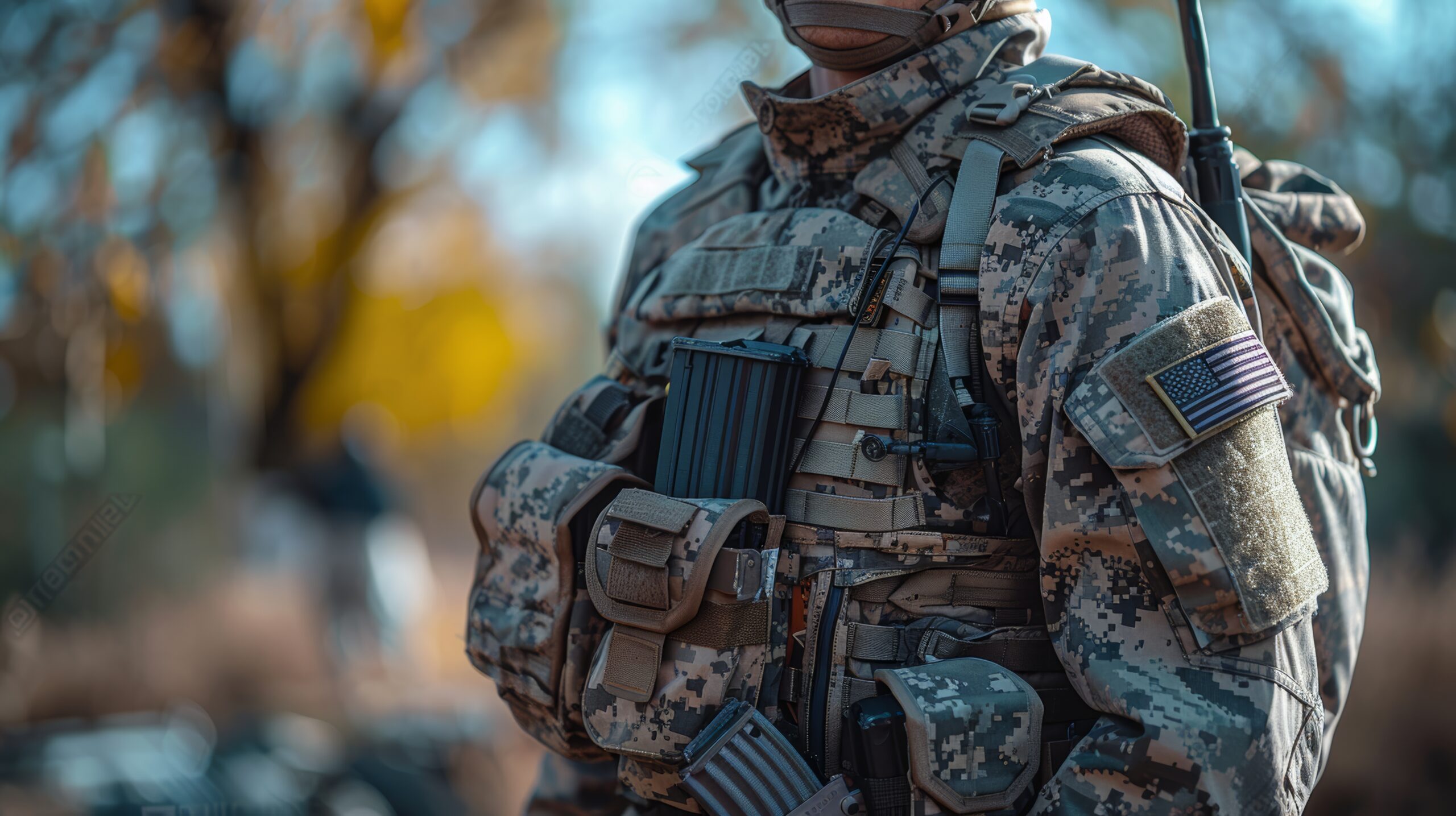 Soldier in Camouflage Uniform Standing Prepared in Autumn Landscape With Focused Expression